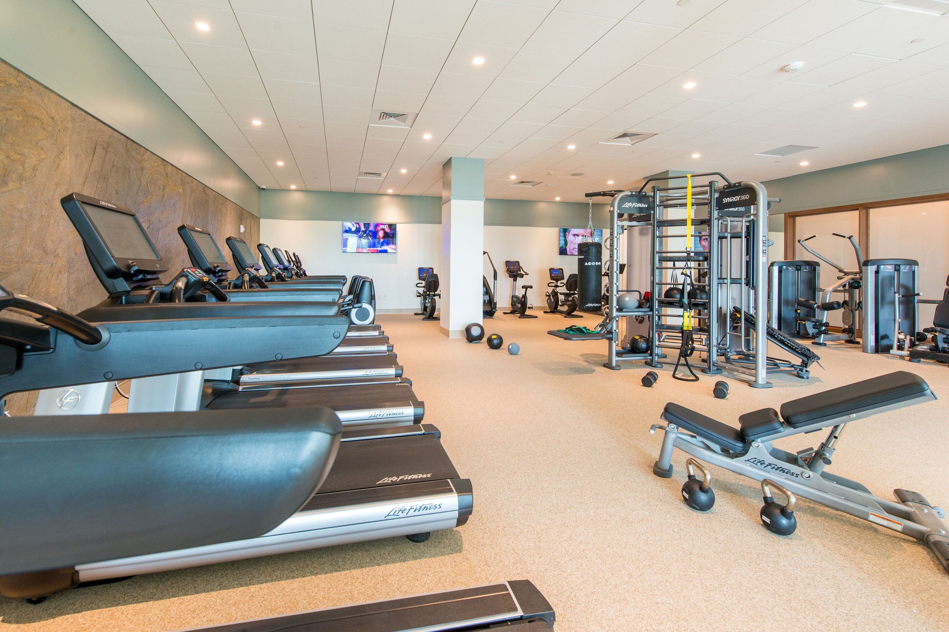A gym with treadmills, weight machines, and exercise balls.