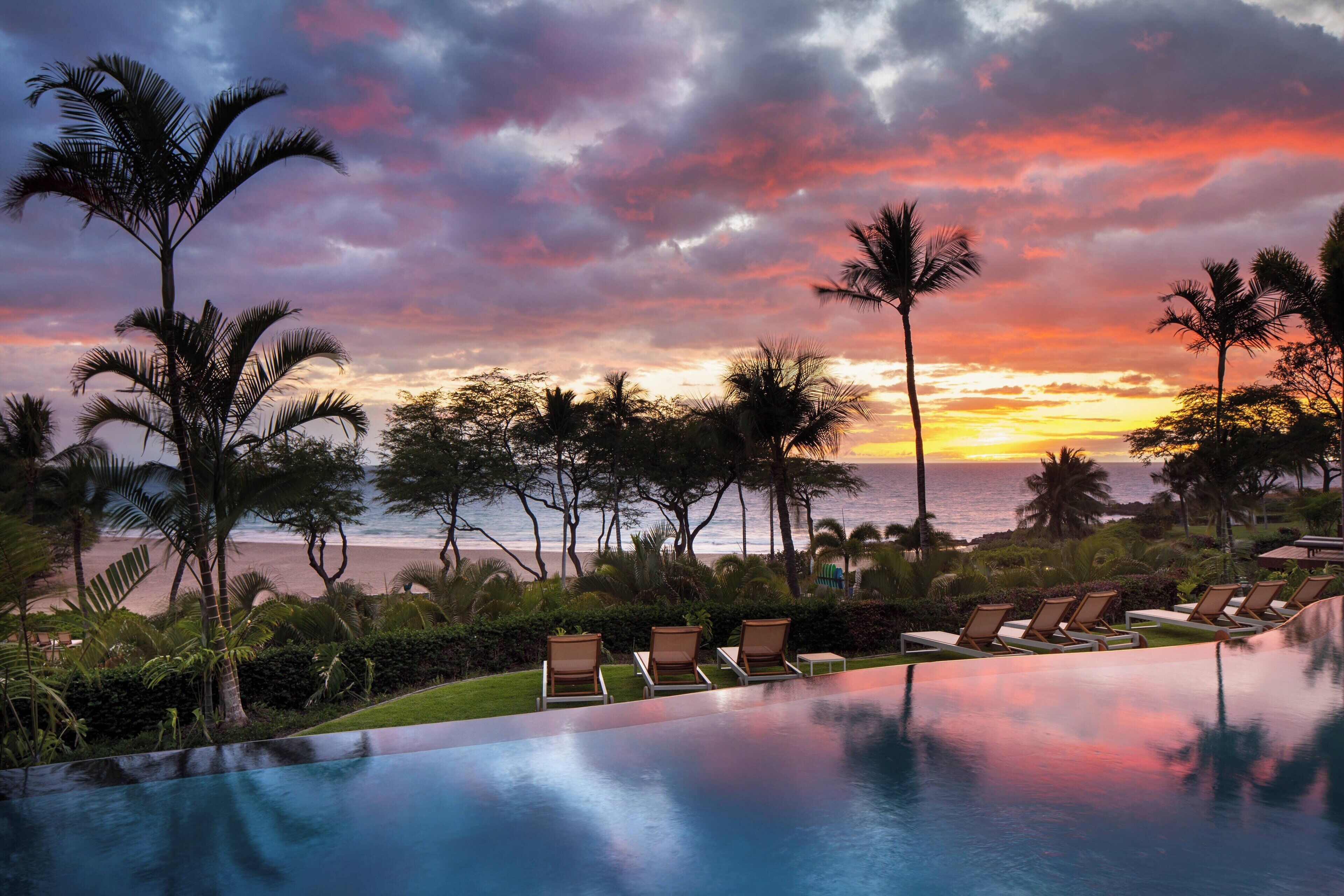 Una piscina infinita con sillones de descanso, palmeras y vista a la playa al atardecer.