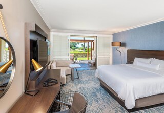A hotel room with a large bed, a desk with a chair, a TV, and a view of a garden through an open door.