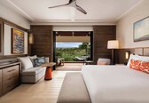 A hotel room with a bed, a sofa, a small table, a desk, a ceiling fan, a large window, and a view of the outdoors.