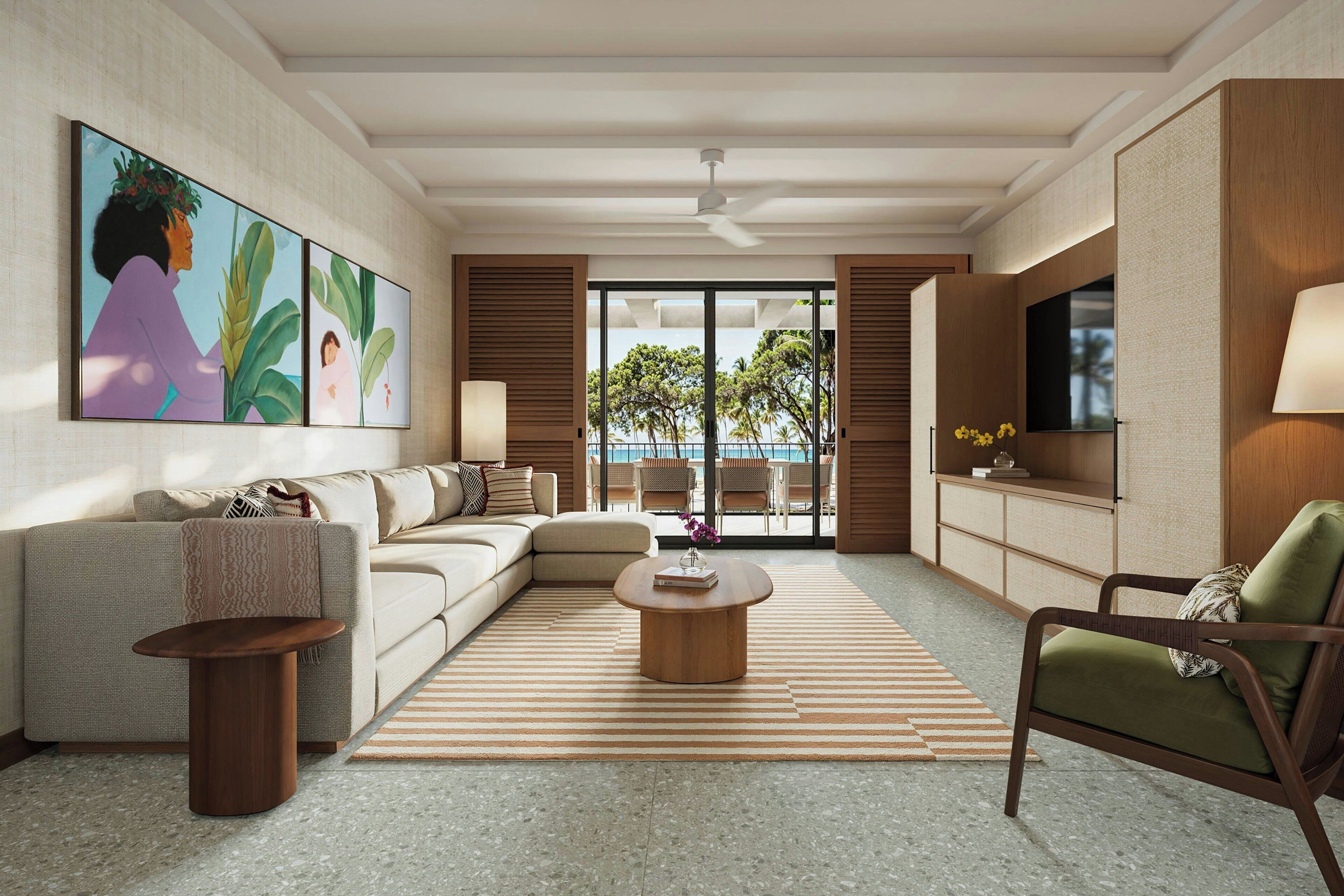 on the beach, sun-loungers, beach umbrellas, beach towels