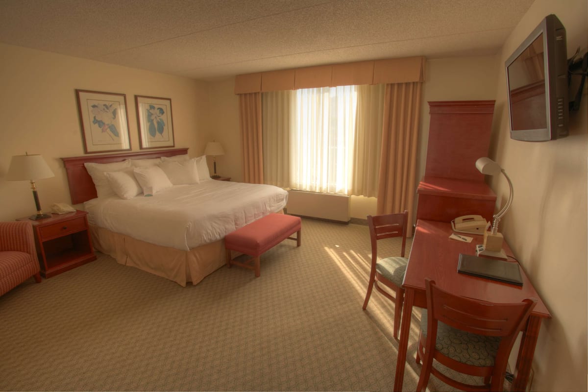 Una habitación de hotel con cama, mesitas de noche, un escritorio con silla, televisor y ventana con cortinas.