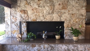 Une cheminée en pierre avec un foyer noir, entourée de plantes en pot et d’une statue de chien décorative.