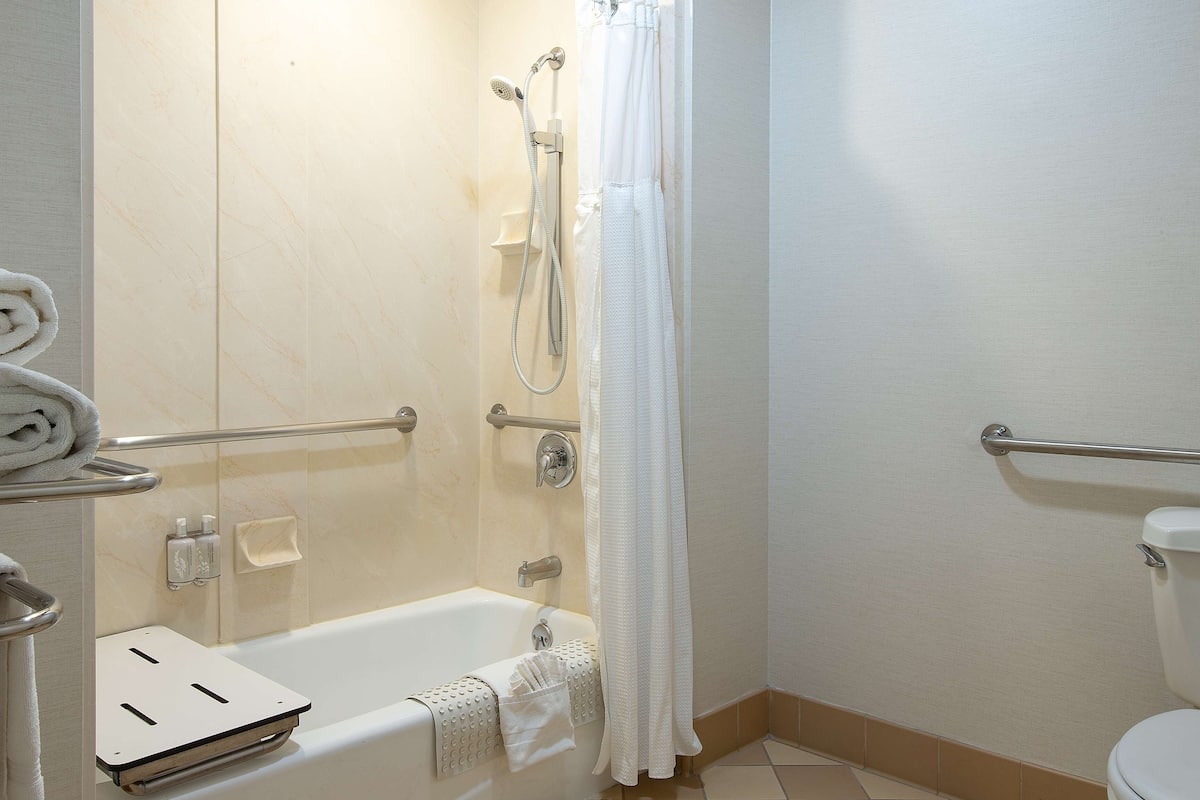 combined shower/bathtub, eco-friendly toiletries, hair dryer, towels