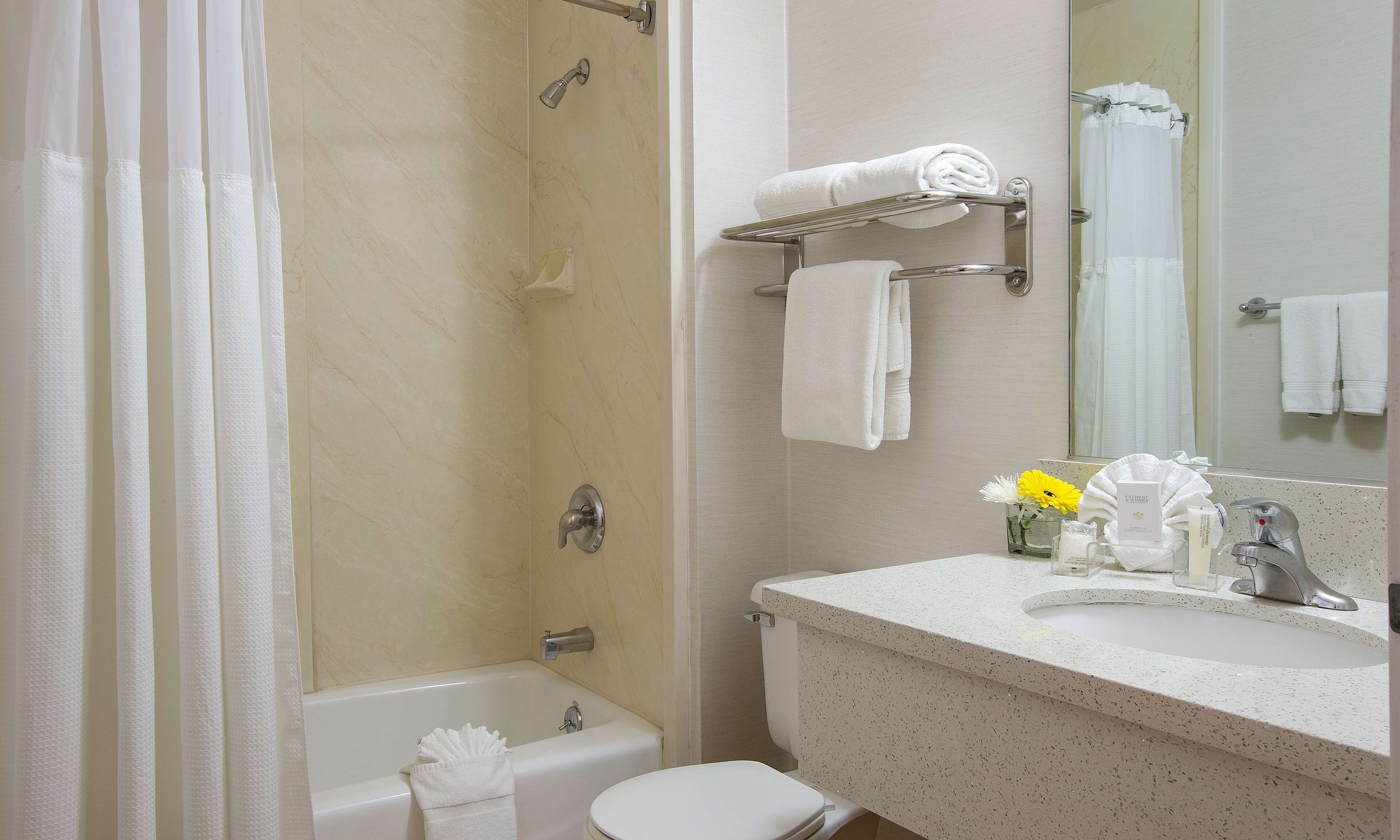 combined shower/bathtub, eco-friendly toiletries, hair dryer, towels