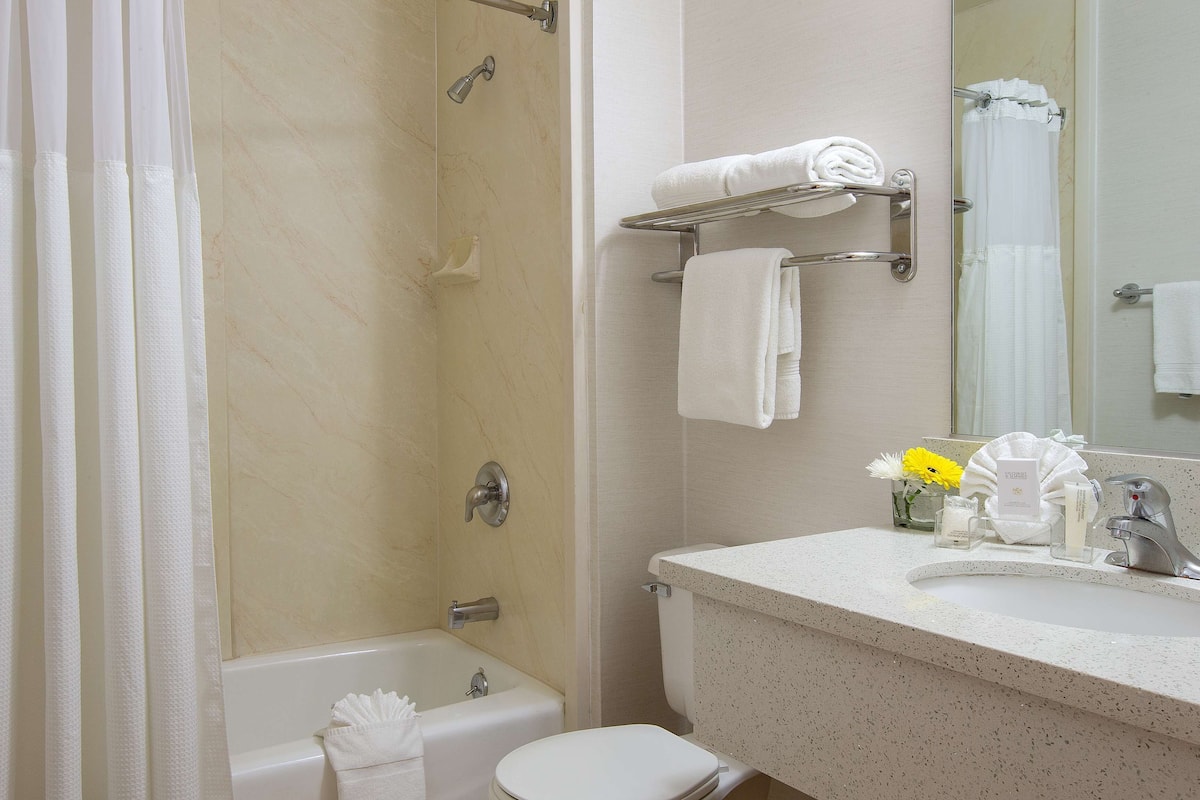 combined shower/bathtub, eco-friendly toiletries, hair dryer, towels