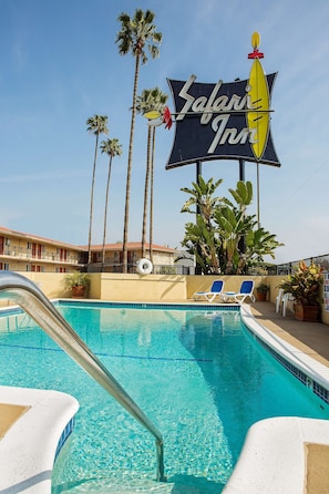 Outdoor pool, a heated pool, sun loungers
