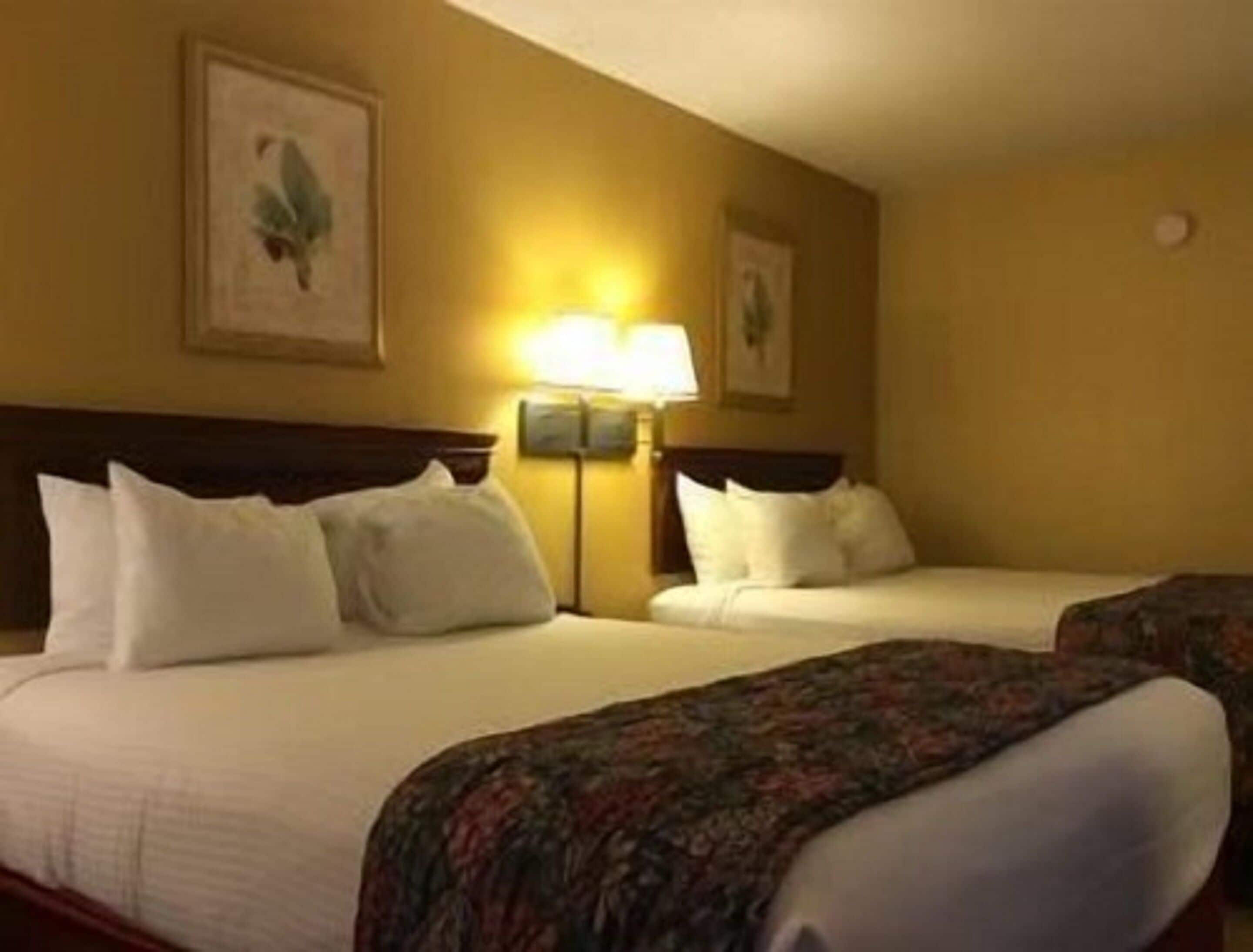 Een hotelkamer met twee bedden, een nachtkastje, een lamp en een kunstwerk in een lijst aan de muur.