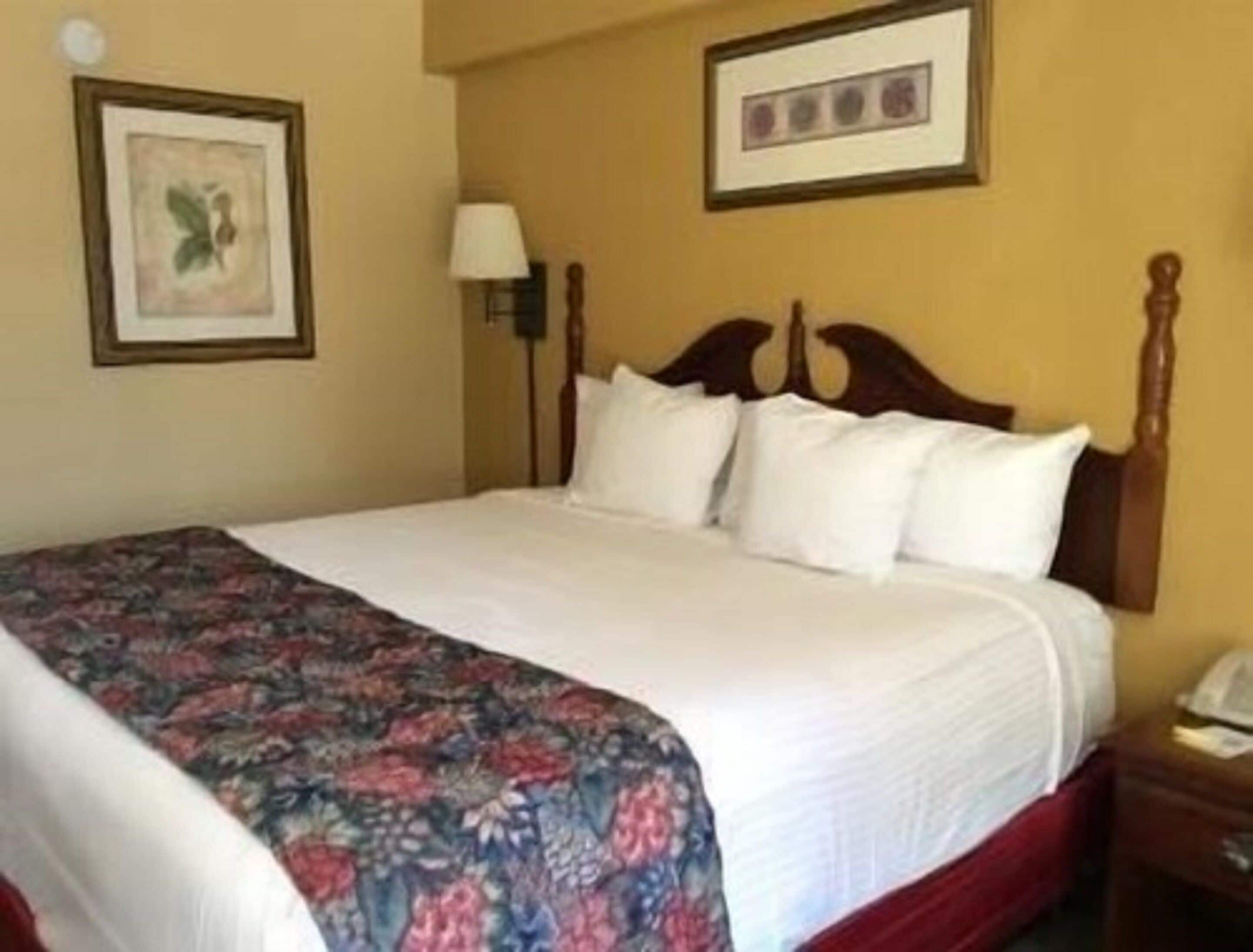 Una habitación de hotel con una cama, una mesita de noche, una lámpara y dos cuadros en la pared.