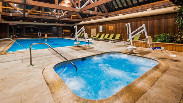 Indoor pool, seasonal outdoor pool, pool umbrellas, pool loungers