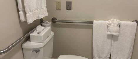 A standard bathroom with a toilet, handrails, a towel rack, and a toilet paper holder.