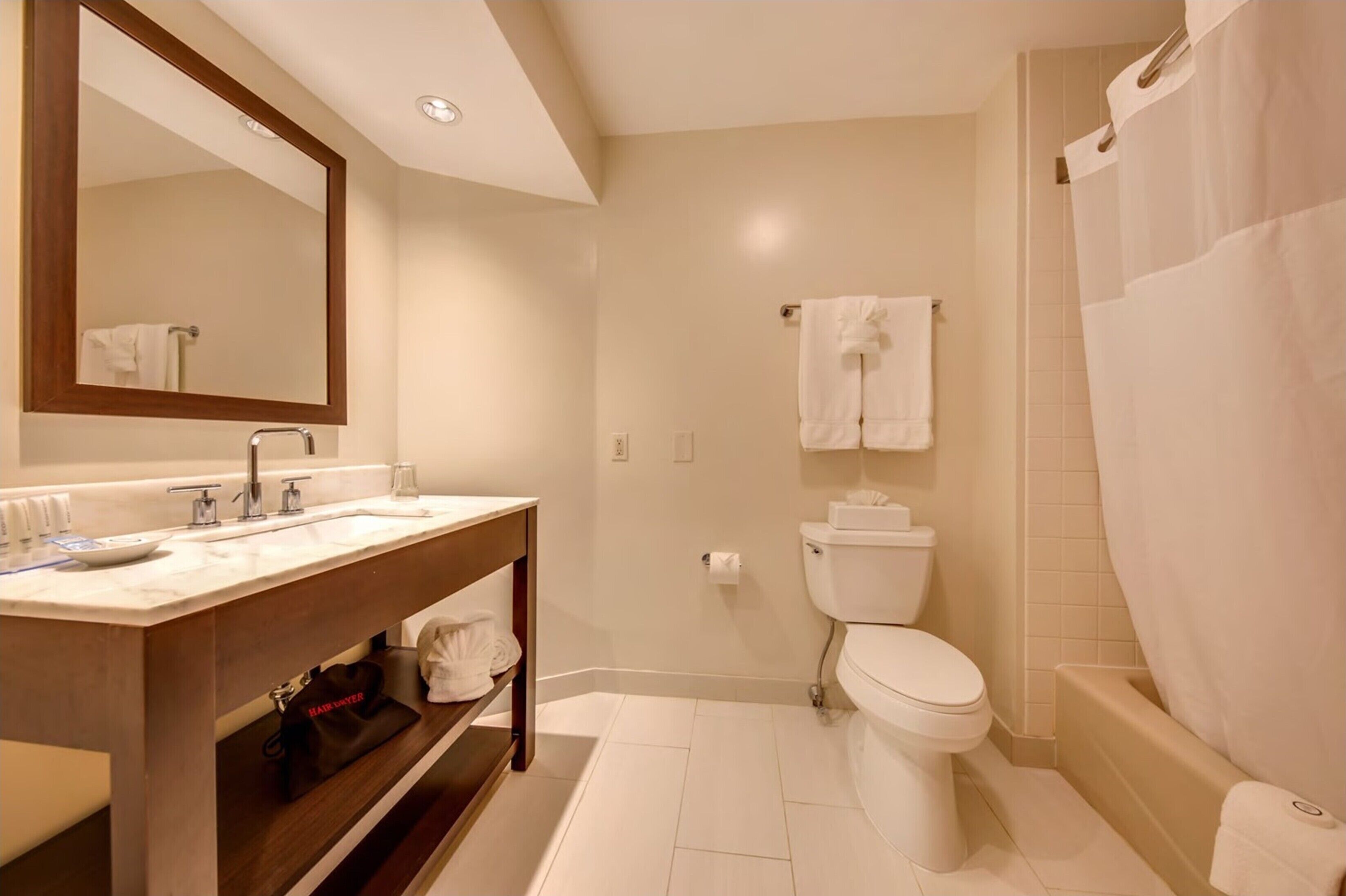 combined shower/bathtub, designer toiletries, hair dryer, towels