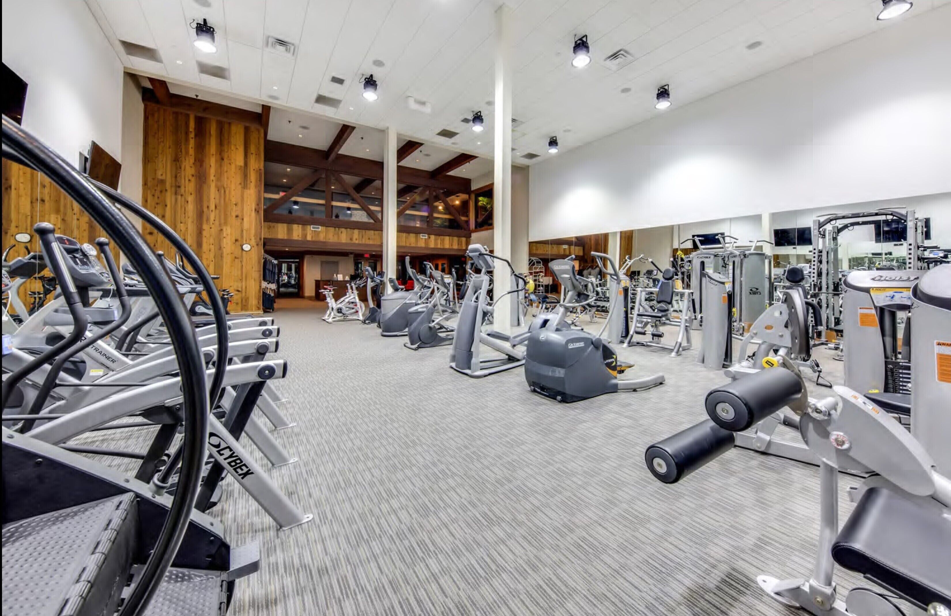 Uma academia com diversos equipamentos de exercícios, incluindo esteiras e aparelhos de musculação.