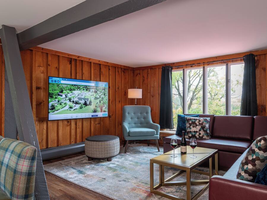 A cozy living room with wooden walls, a large TV mounted on the wall, a blue armchair, a sofa with patterned cushions, and a small table with a wine glass.