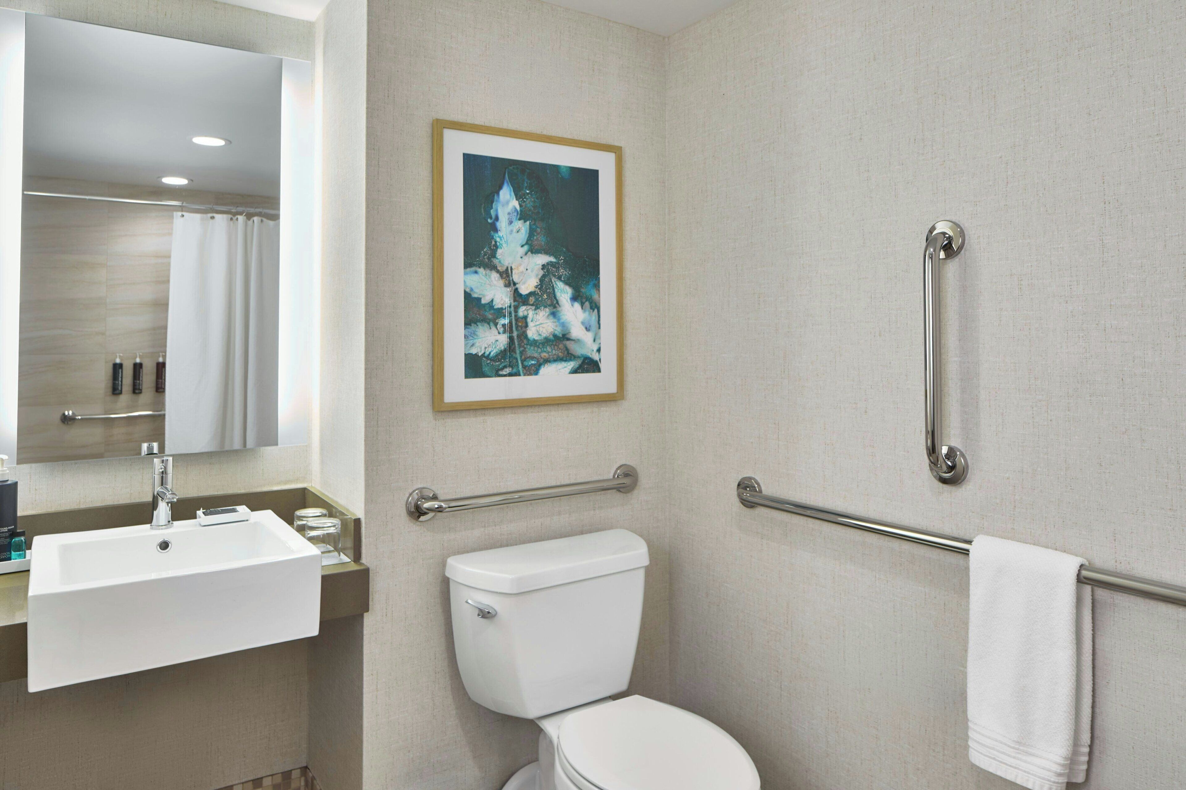 Ein Badezimmer mit Waschbecken, Toilette, Haltegriffen, einem Handtuchhalter und einem gerahmten Bild an der Wand.
