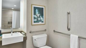 Ein Badezimmer mit Waschbecken, Toilette, Haltegriffen, einem Handtuchhalter und einem gerahmten Bild an der Wand.