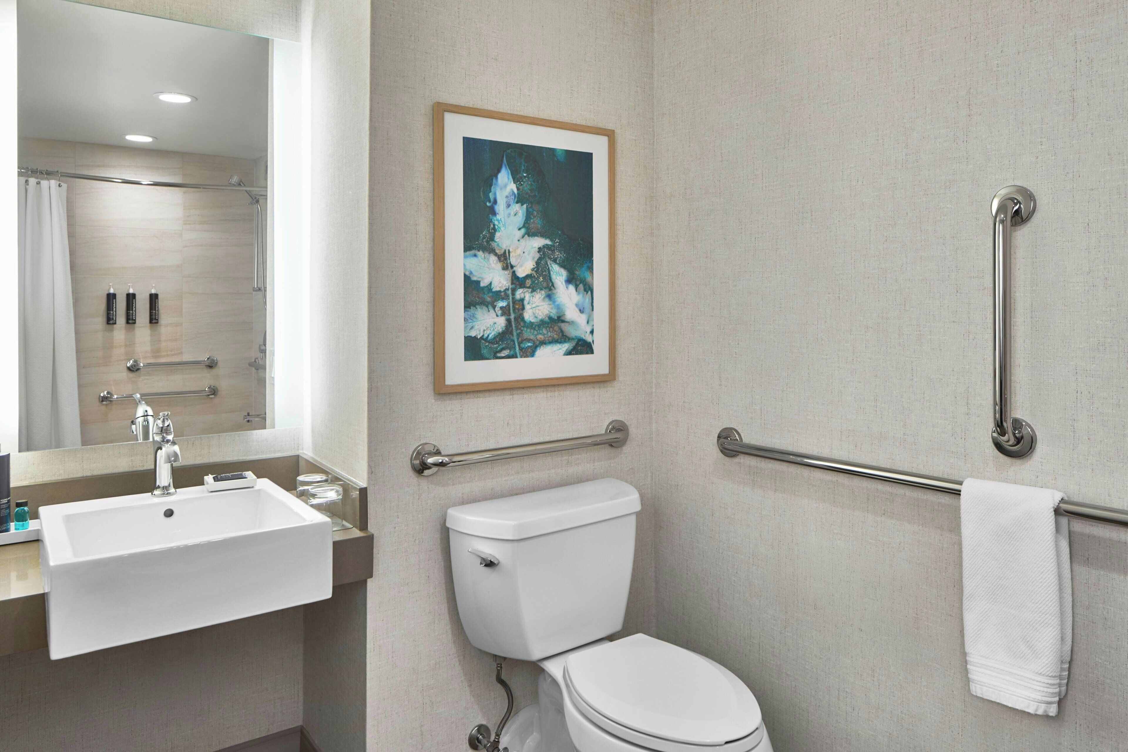 A bathroom with a sink, toilet, and handrails.