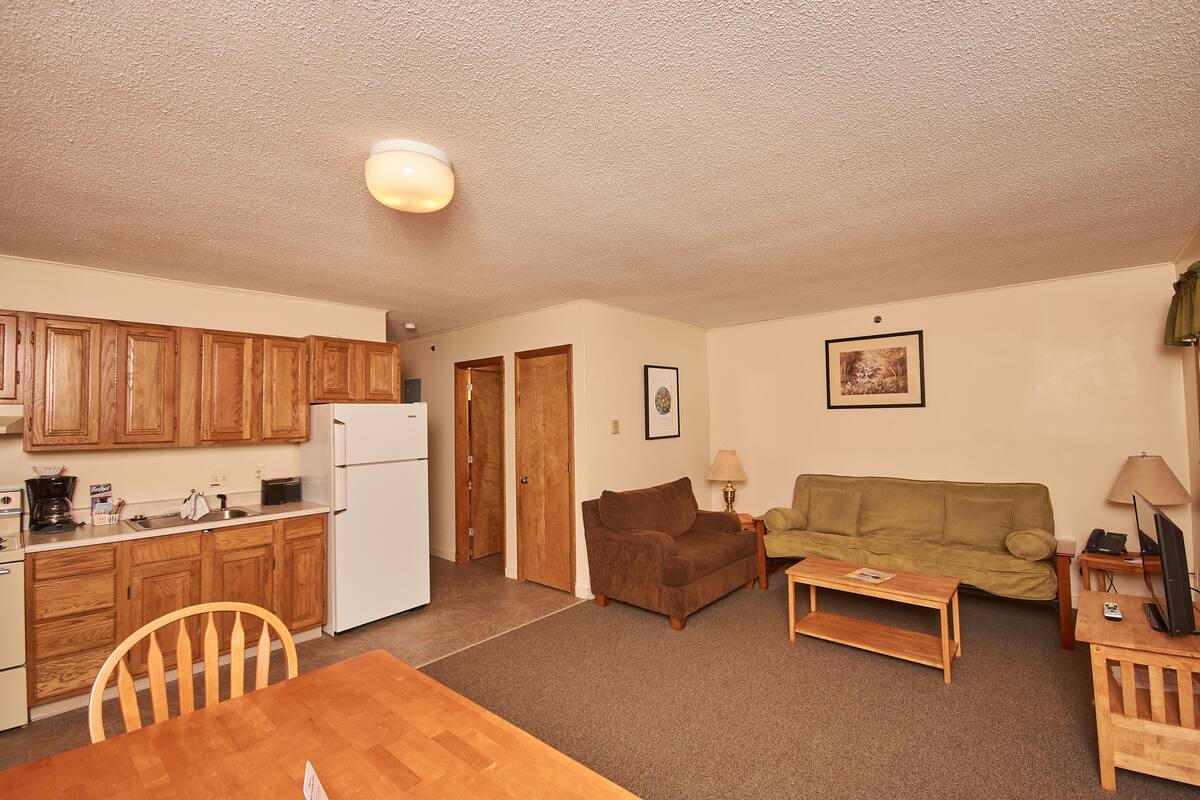 A compact living space with wooden cabinets, a refrigerator, a brown sofa, a green sofa, a wooden dining table, and a small TV on a wooden stand.