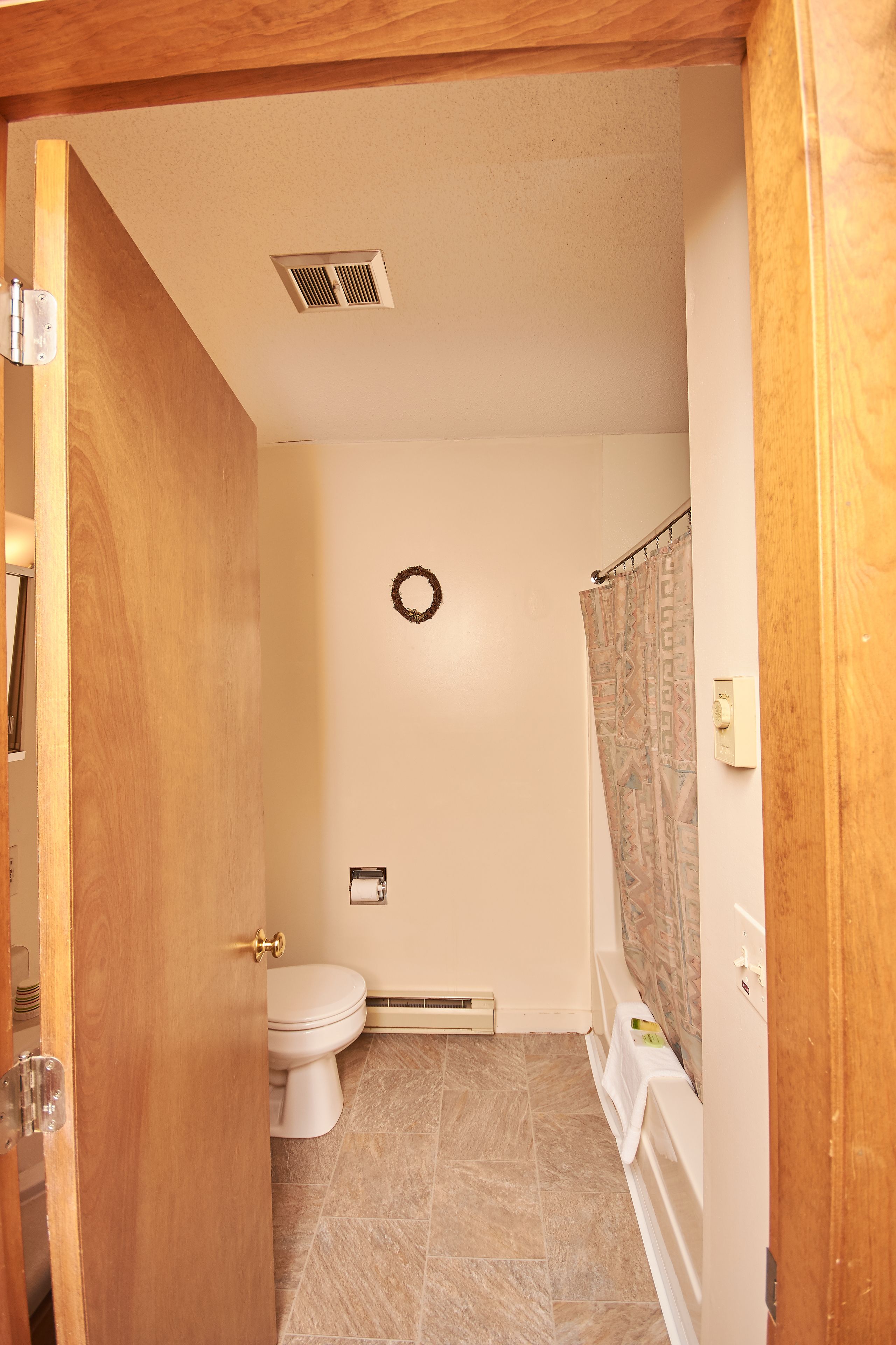 A bathroom with a toilet, shower, and a wooden door.