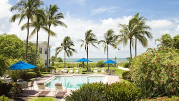 Outdoor pool, pool umbrellas, sun loungers