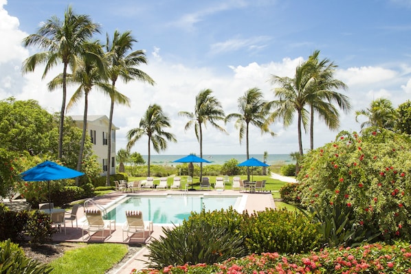 Outdoor pool, pool umbrellas, sun loungers