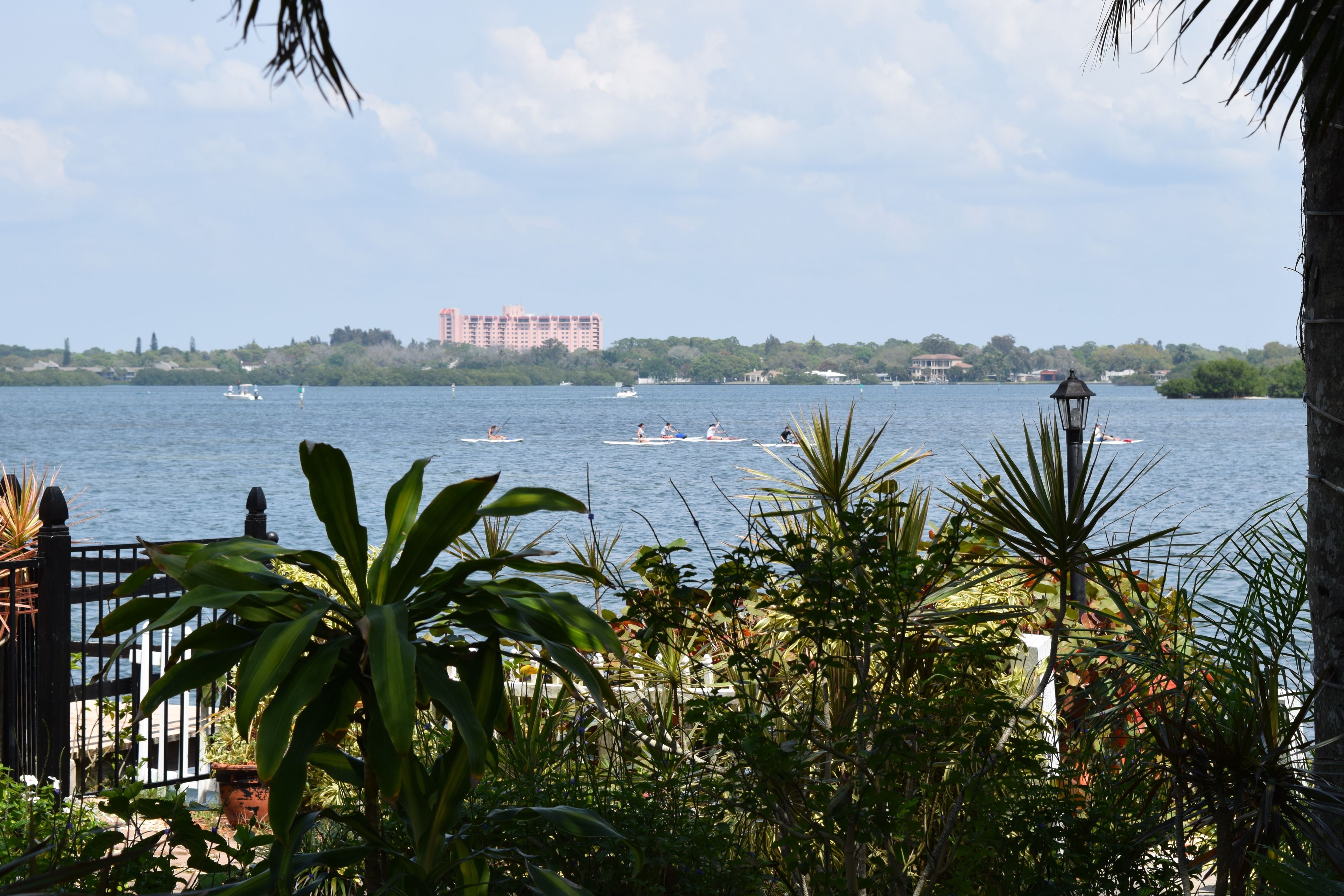 A view of a body of water with boats, a distant building, and lush greenery.