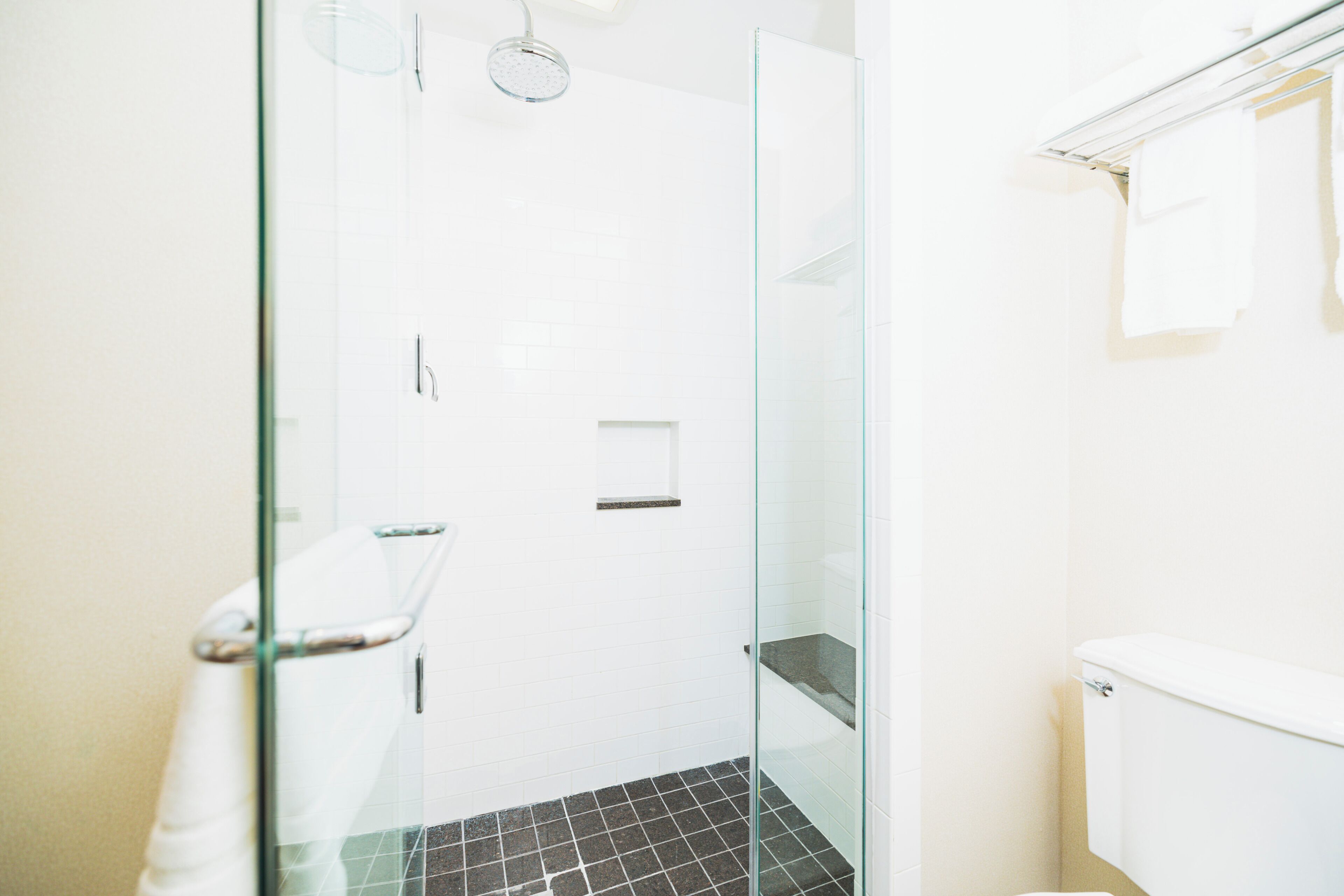 A modern bathroom with a glass shower enclosure, a white toilet, and a glass door.