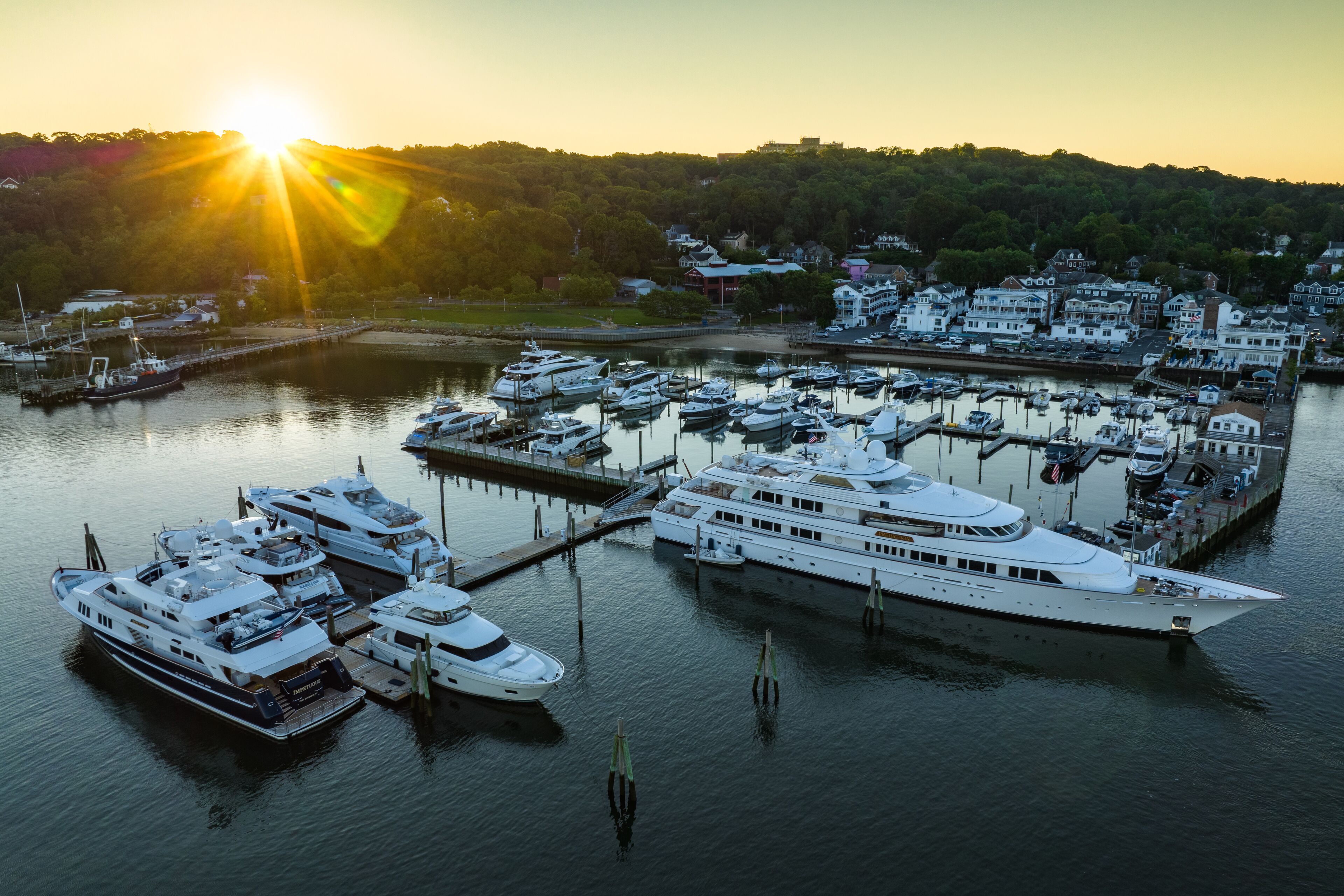 A marina with multiple yachts docked, surrounded by residential buildings and a forested hill in the background.
