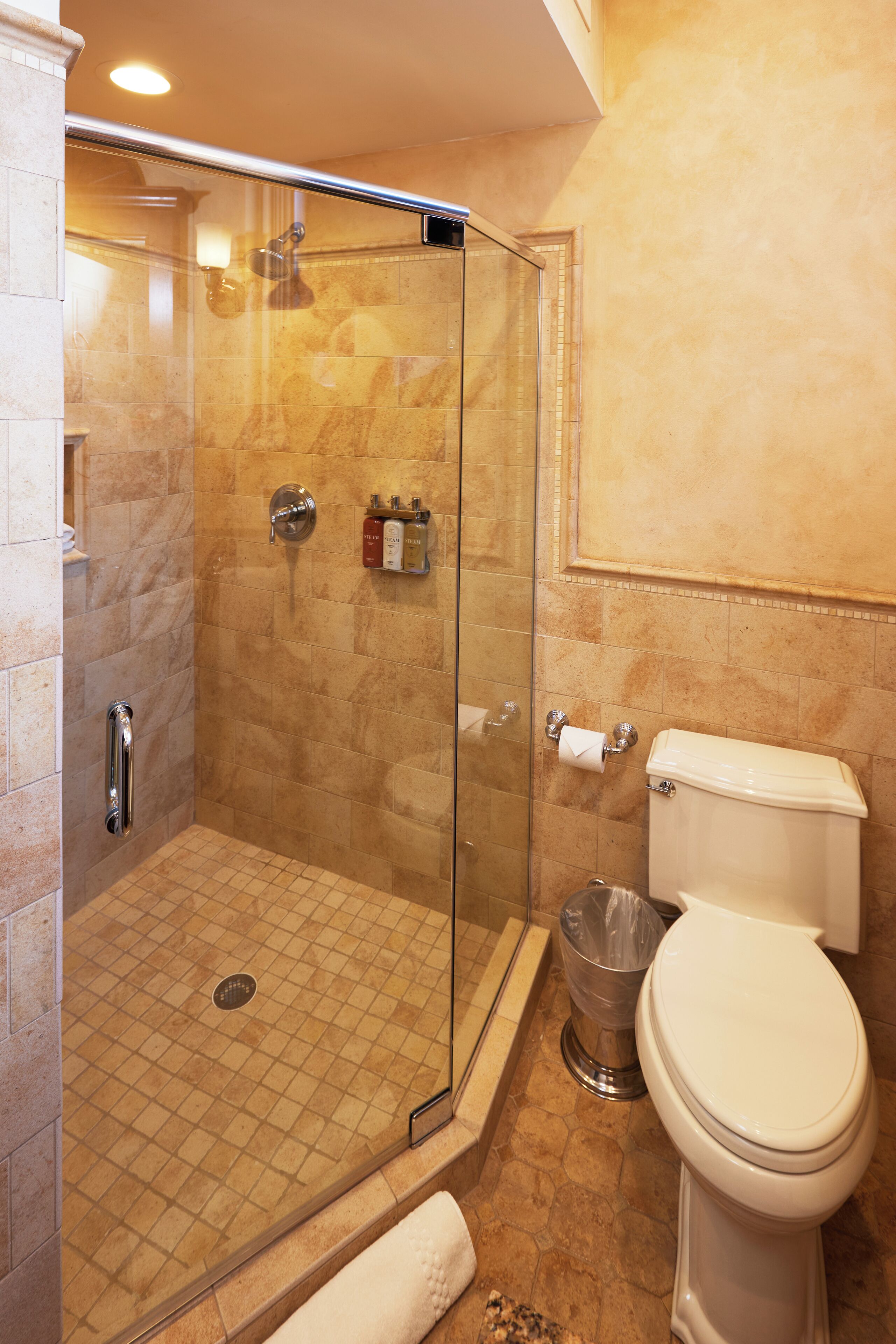 A bathroom with a glass-enclosed shower, a toilet, and a trash can.