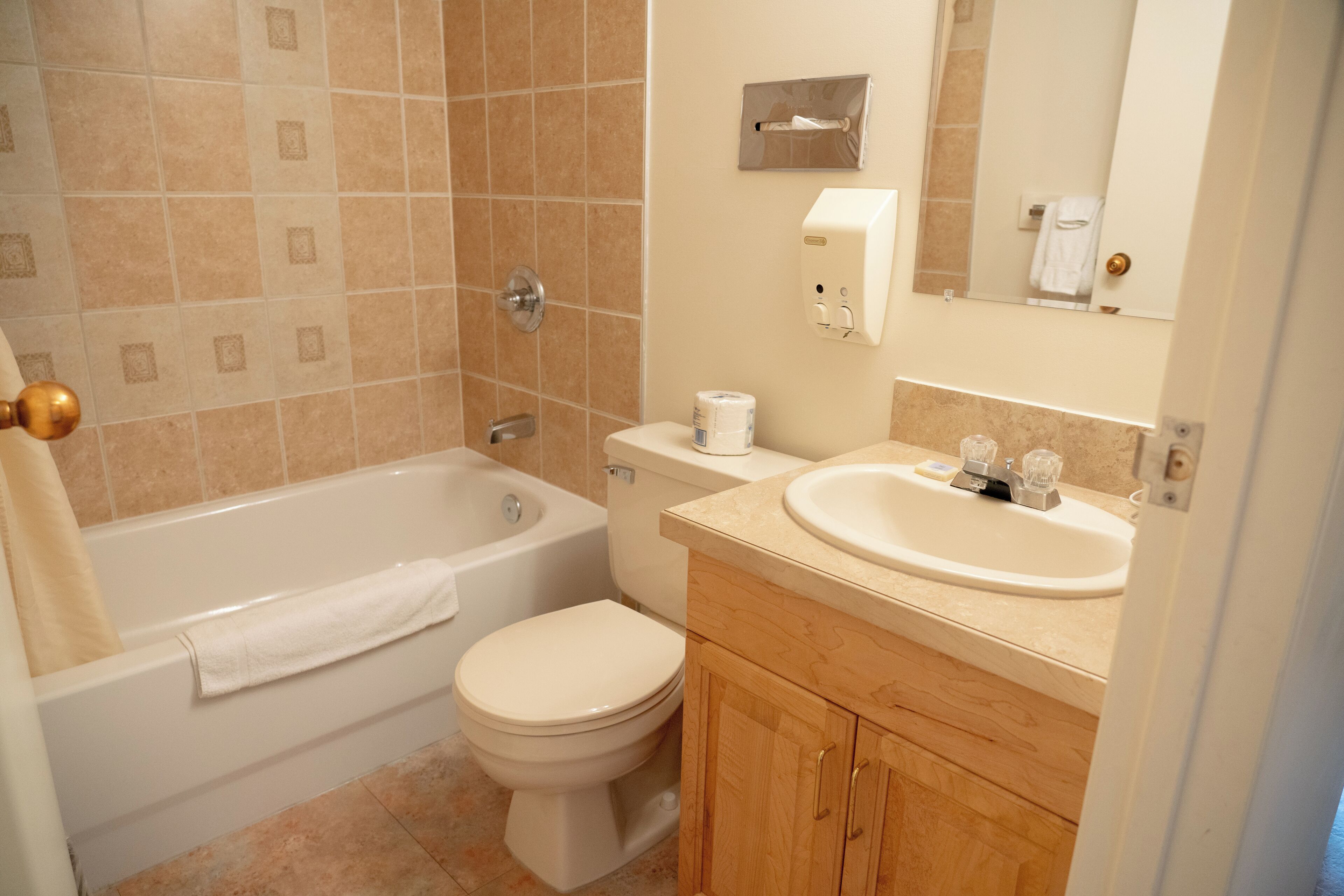 A bathroom with a bathtub, toilet, sink, and wooden cabinets.