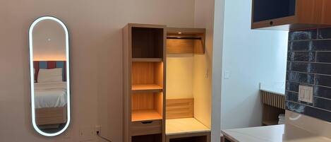 A modern room with a wooden wardrobe, a built-in mirror, and a kitchen area.