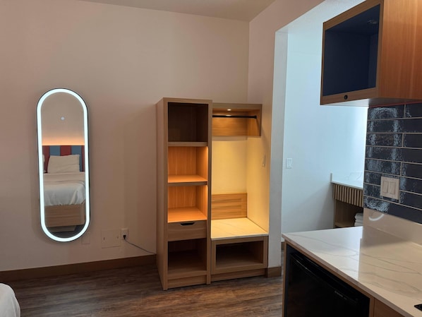 A modern room with a wooden wardrobe, a built-in mirror, and a kitchen area.