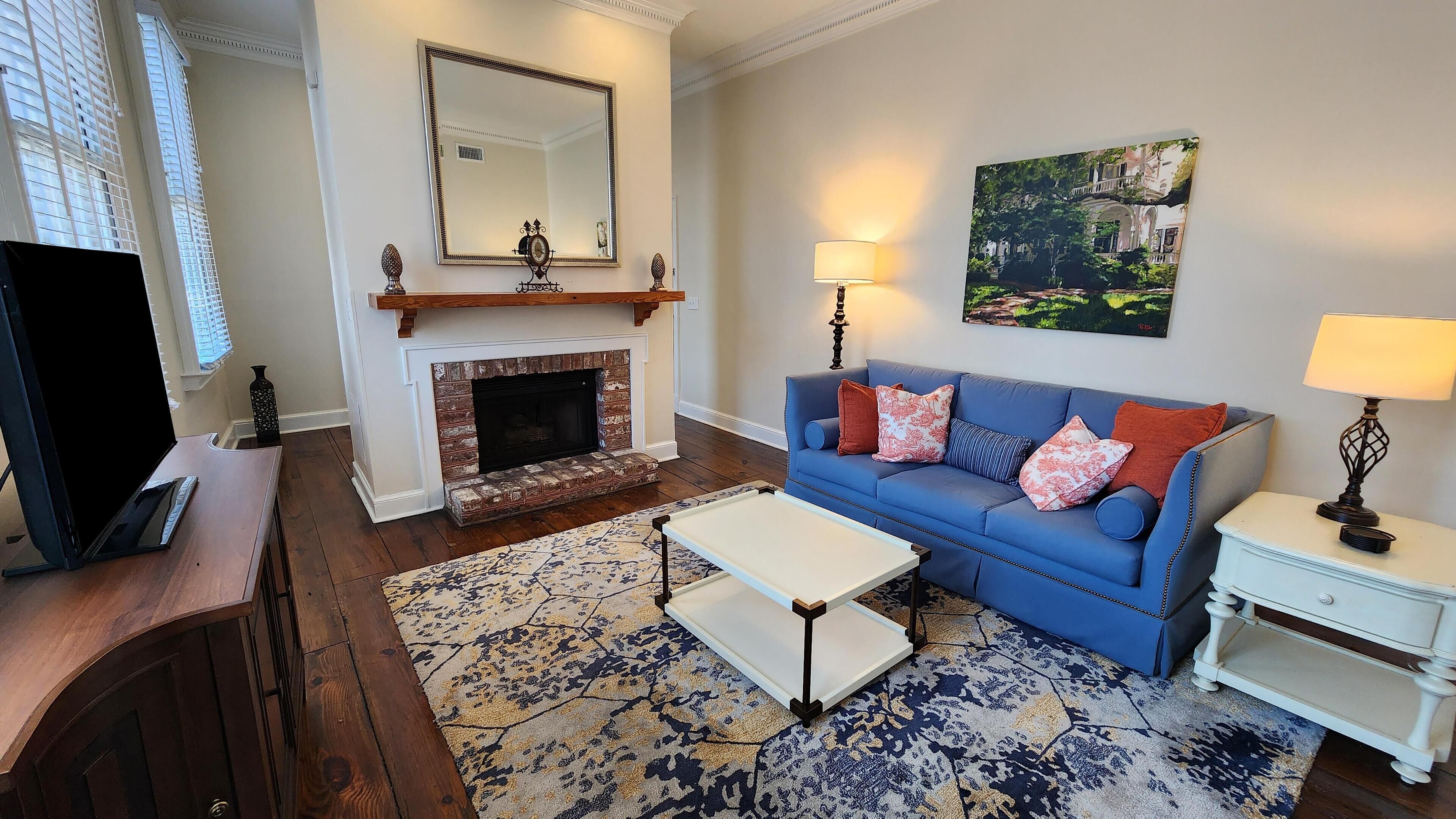 32-inch LCD TV with cable channels, TV, fireplace