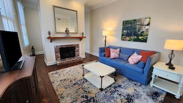 32-inch LCD TV with cable channels, TV, fireplace