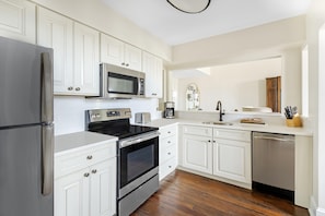 A modern kitchen with white cabinetry, stainless steel appliances, and a wooden floor.
