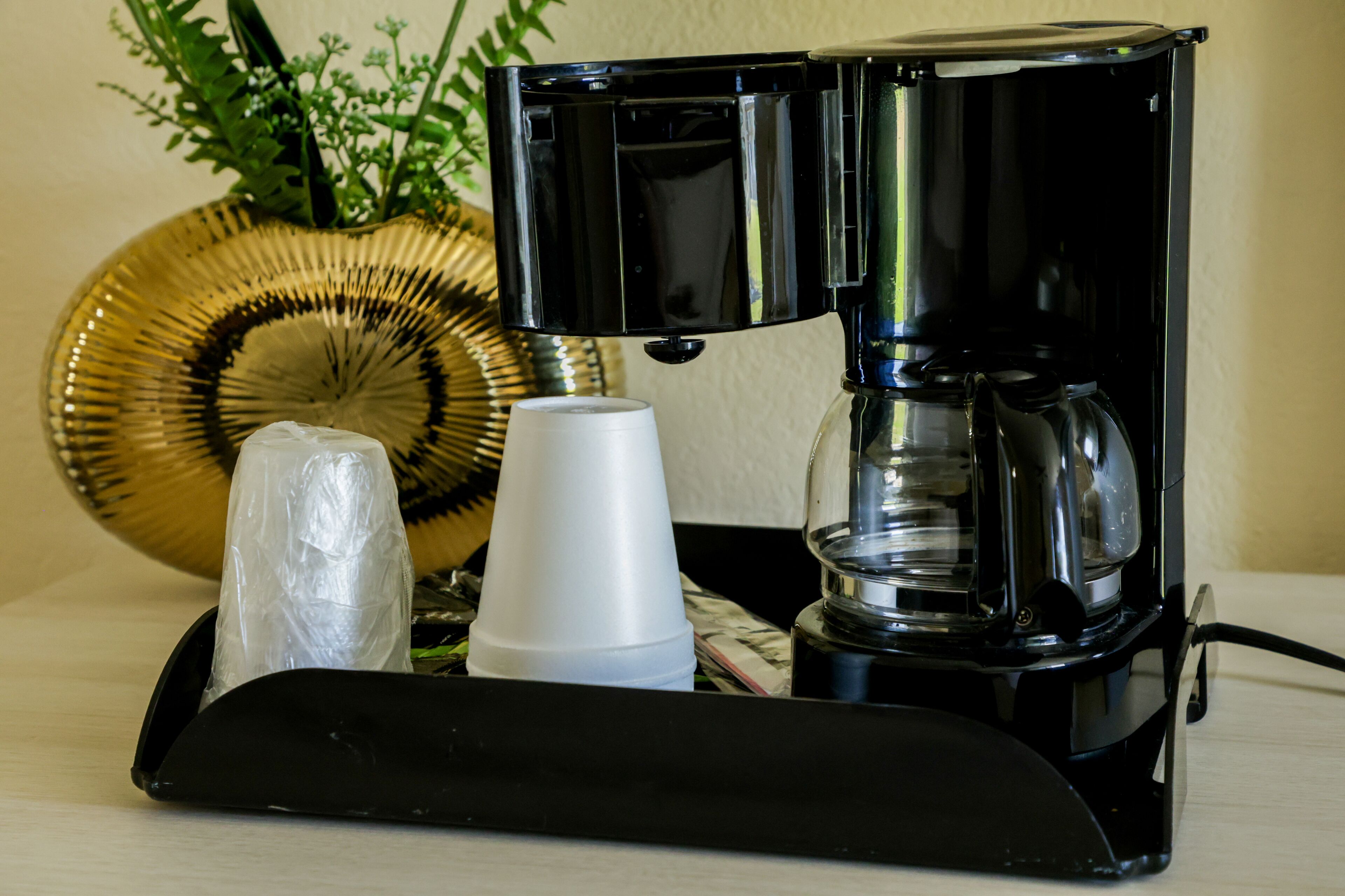 A coffee maker with a black base and a transparent water reservoir, a white cup, and a decorative gold bowl on a tray.