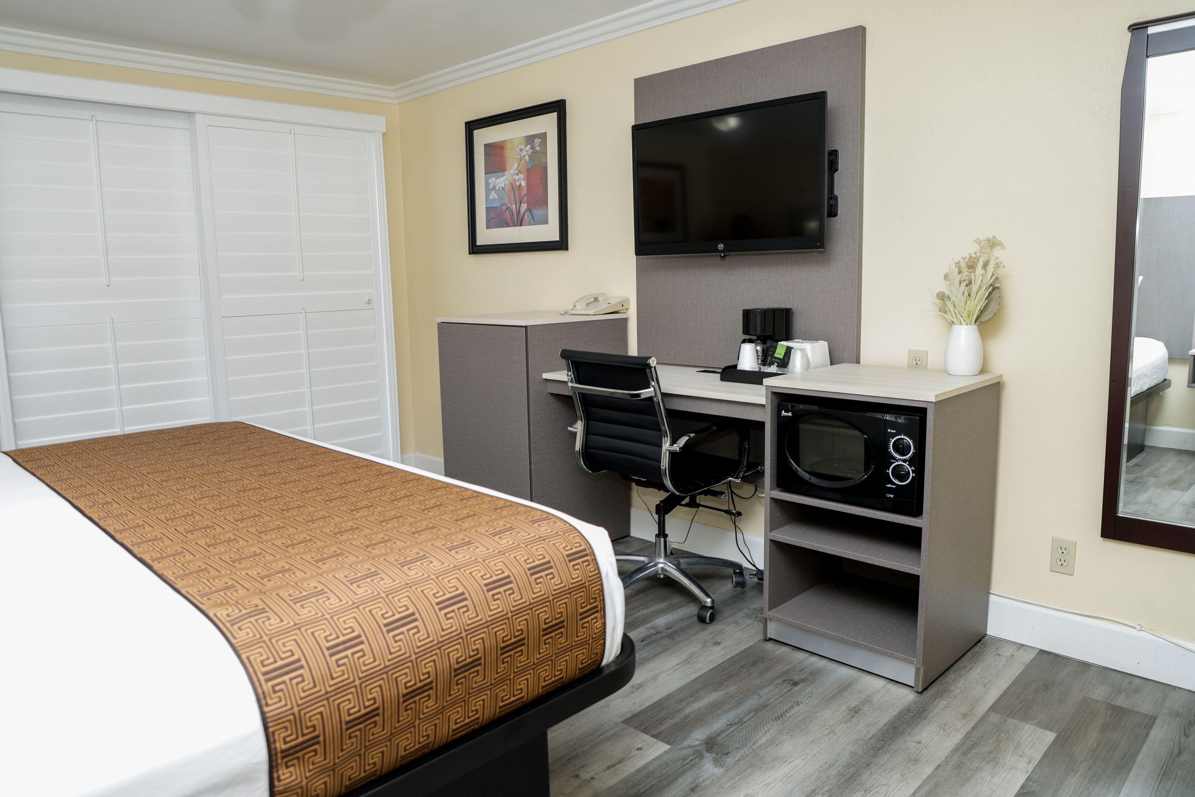 A hotel room with a bed, desk, chair, microwave, and TV.