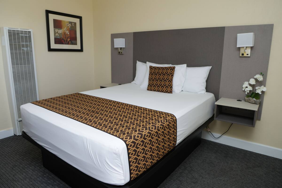 A hotel room with a large bed, a bedside table with a lamp, a wall-mounted air conditioning unit, and a framed picture on the wall.