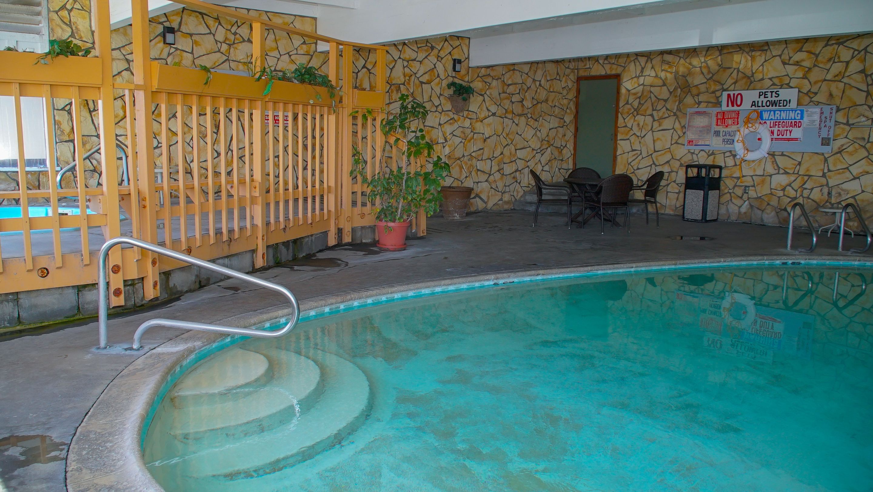 An indoor swimming pool with a stone wall, a yellow fence, and a sign prohibiting pets.