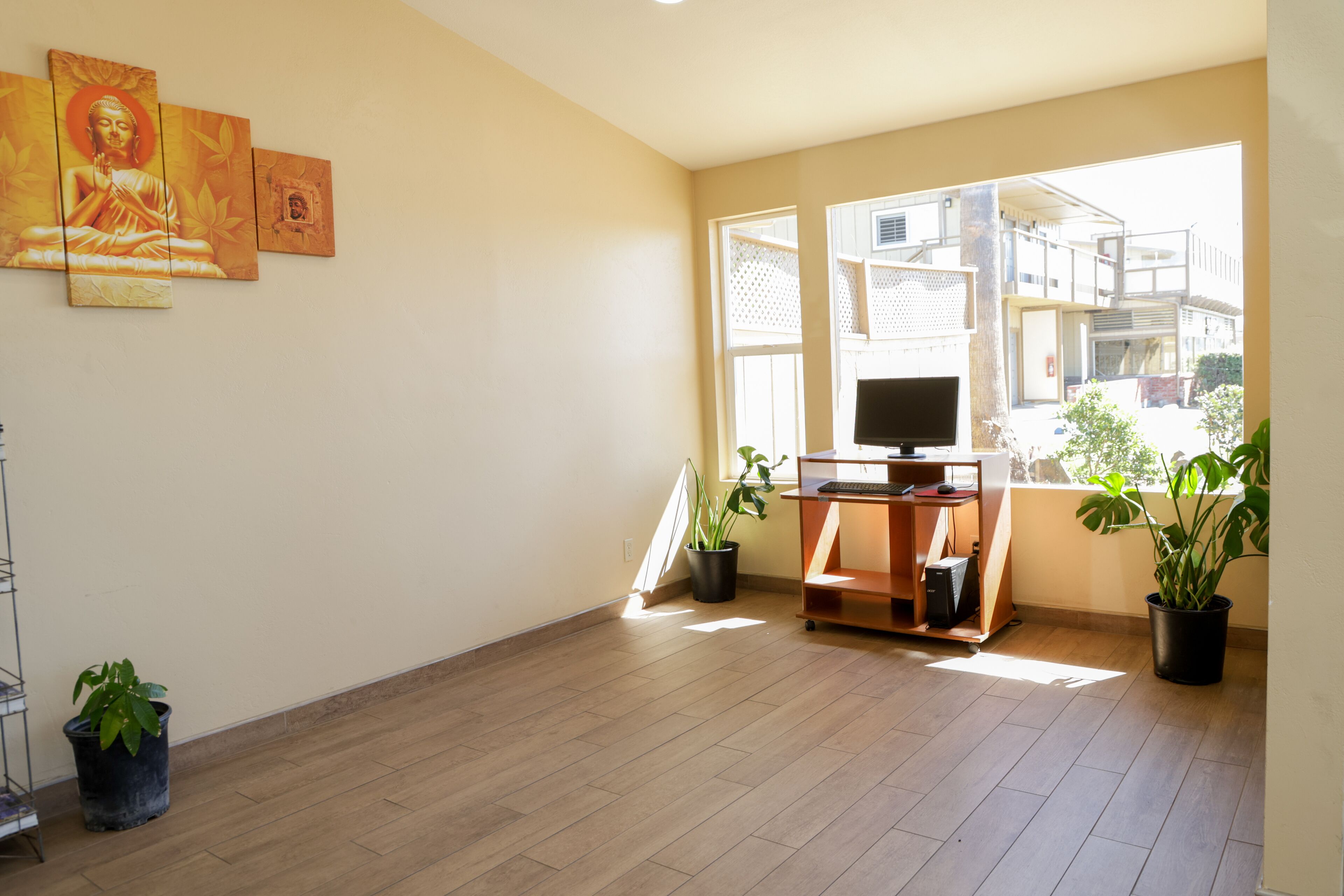 A room with a wooden floor, a TV on a stand, and several potted plants.