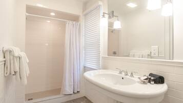 A bathroom with a walk-in shower, a sink, and a mirror.