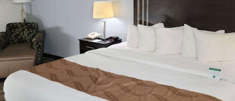 A hotel room with a large bed, a bedside table with a lamp, a chair, and a sign indicating the room's eco-friendly features.