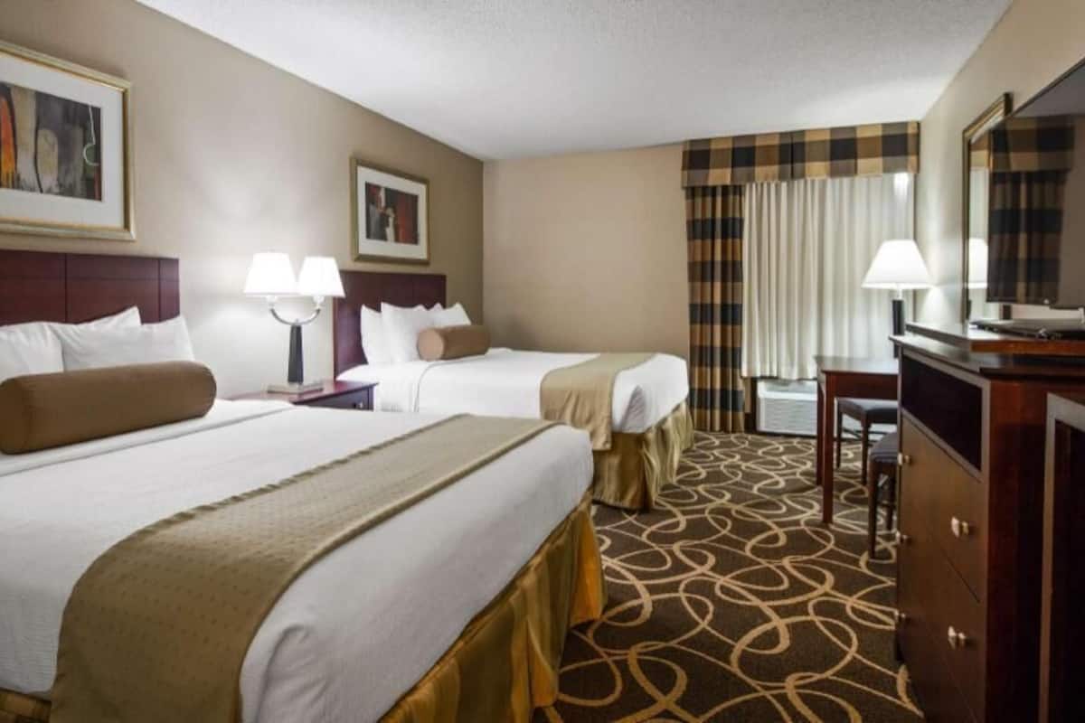 A hotel room with two beds, a desk, a television, and a patterned carpet.