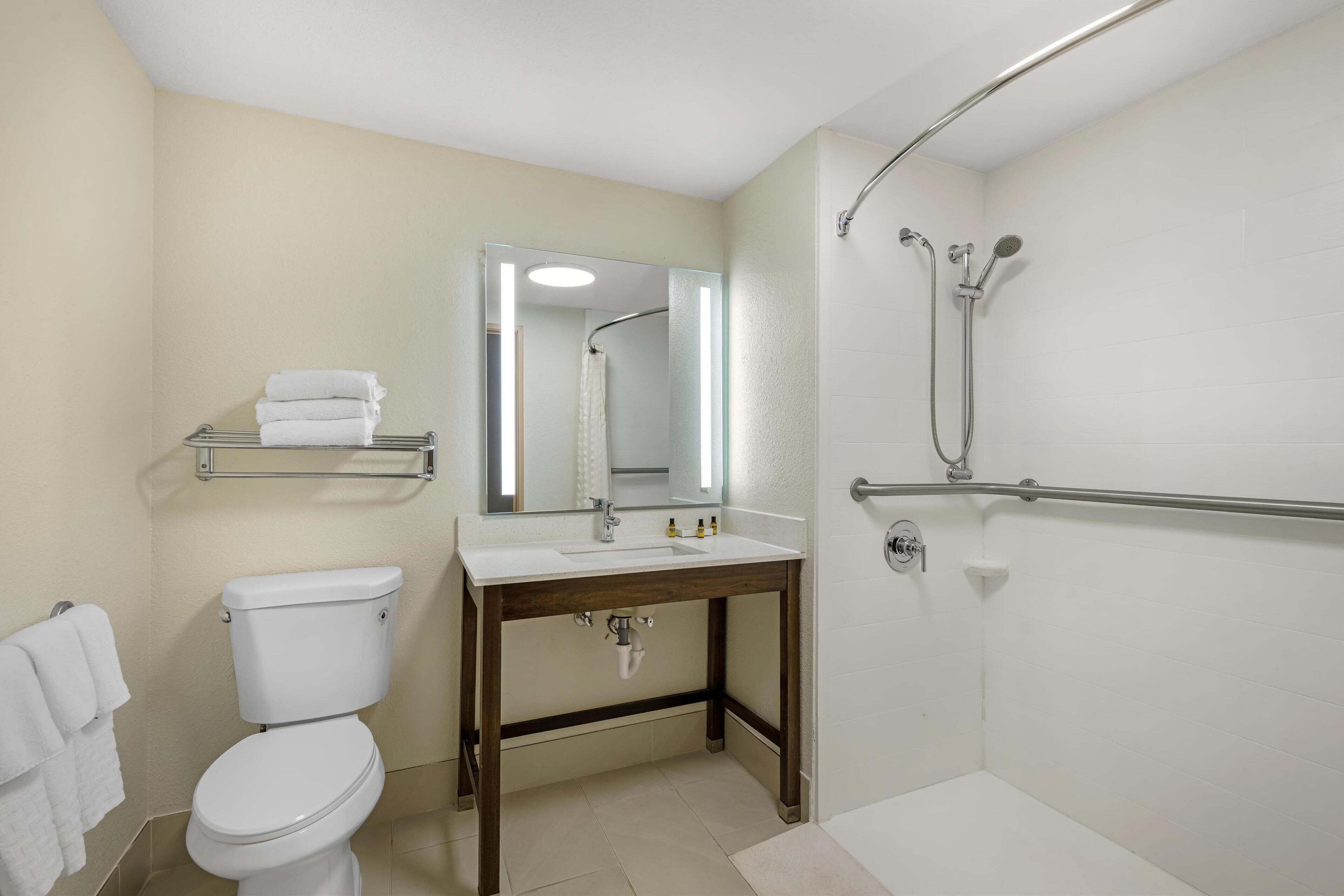 standard room, 1 king bed, accessible, refrigerator & microwave | bathroom | combined shower/bathtub, free toiletries, hair dryer, bathrobes