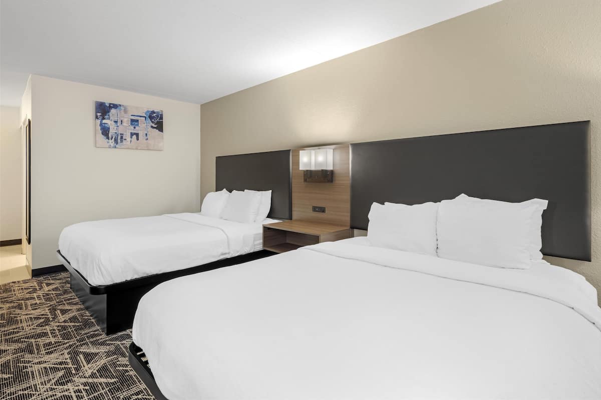 Standard Room, 2 Queen Beds, Non Smoking, Refrigerator & Microwave | In-room safe, desk, laptop workspace, blackout curtains