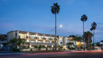 Stunning hotel with a flat roof and symmetrical facade, featuring large windows and lush palm trees.