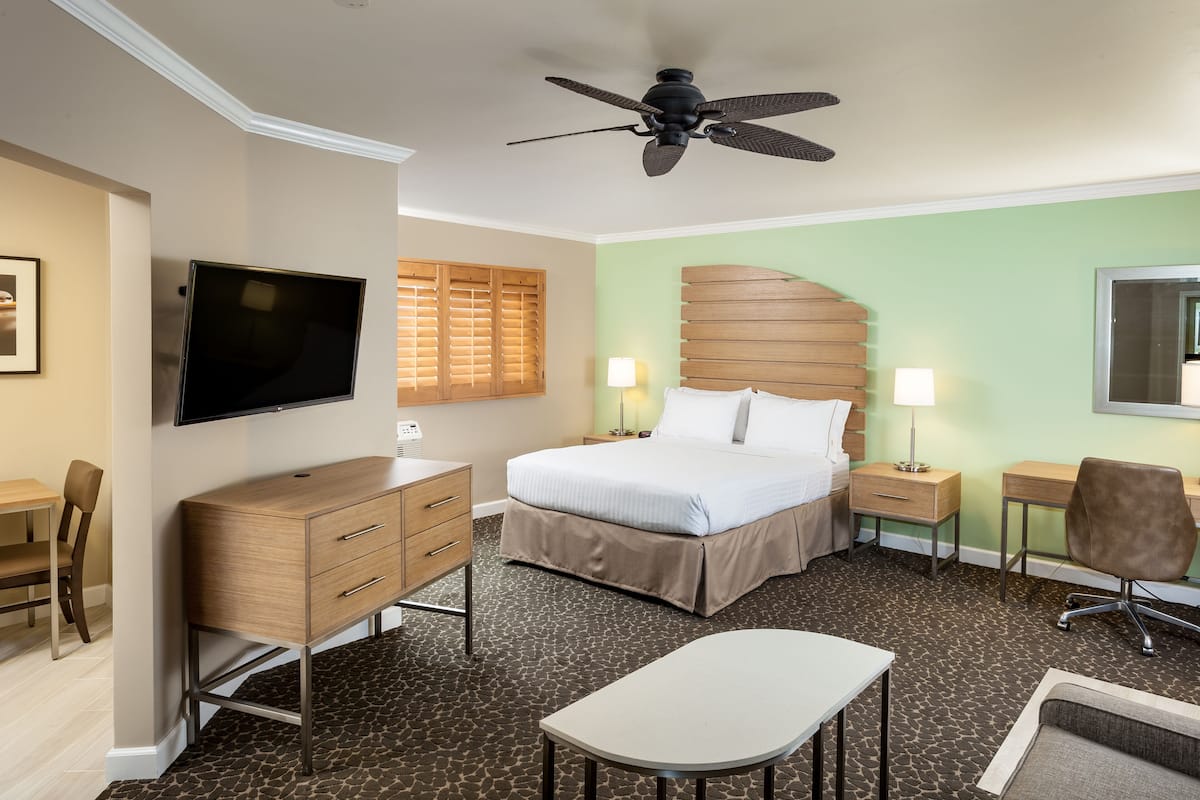 Una habitación de hotel con cama, escritorio, silla, televisor, ventilador de techo y lámpara.