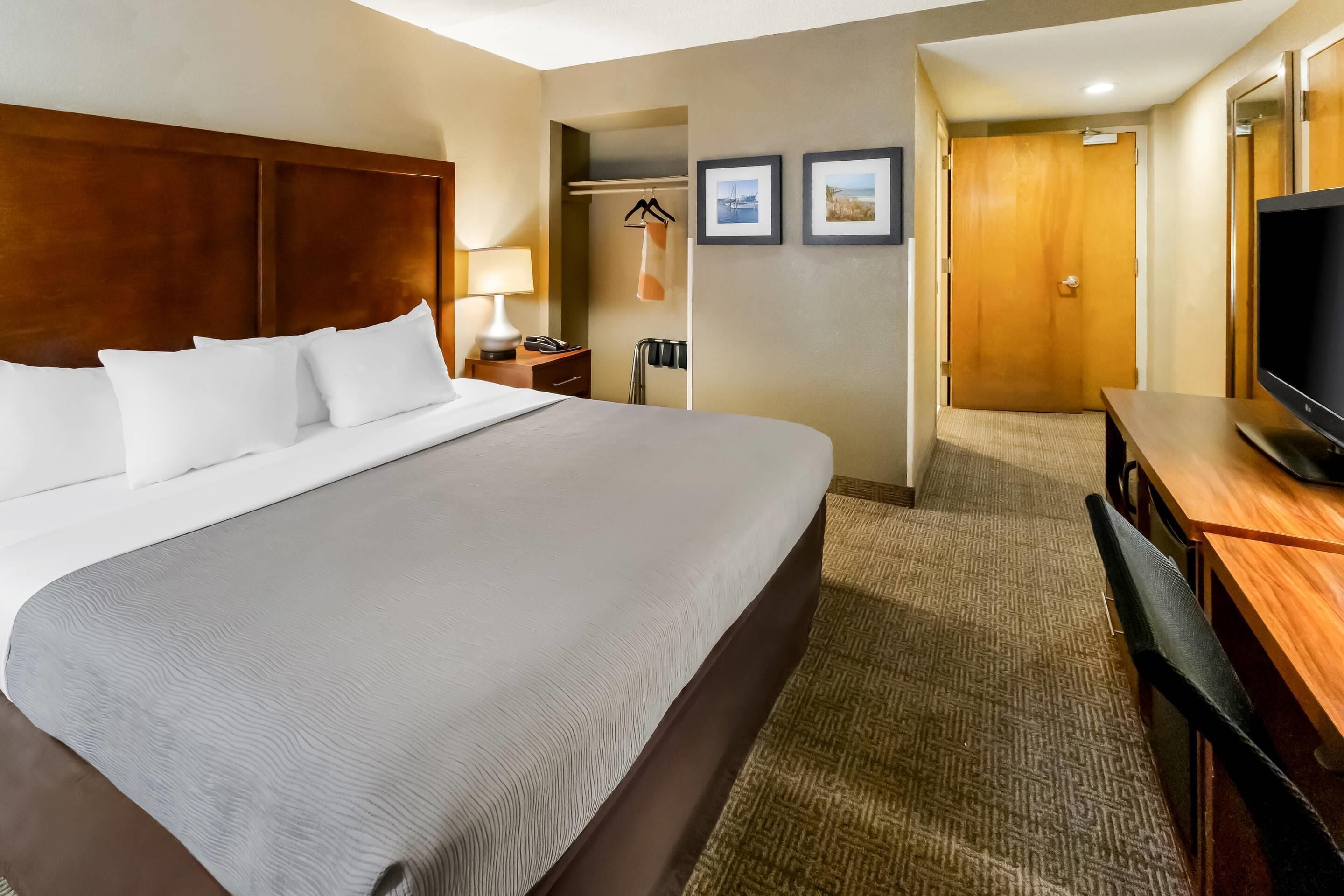 Habitación de hotel con una cama grande, televisión, escritorio y armario.