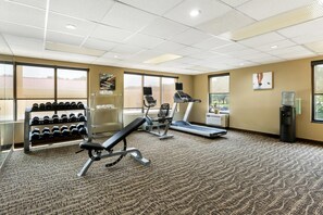 A gym with treadmills, a bench press, and dumbbells.