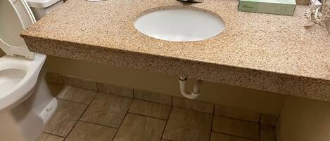 A bathroom with a granite countertop, a white sink, a mirror, a toilet, and a trash bin.